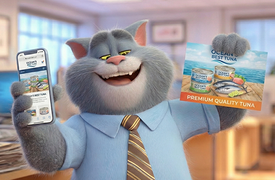 Cat holding a direct mail postcard and a mobile with the company's website, showing engagement